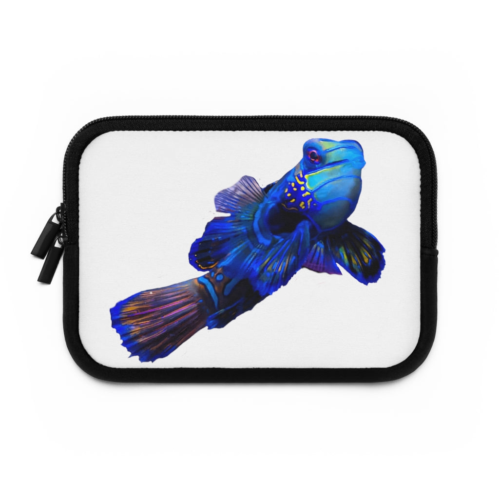 Blue Fish Laptop Sleeve featuring a vibrant fish design and a solid black back, ideal for protecting laptops during travel.