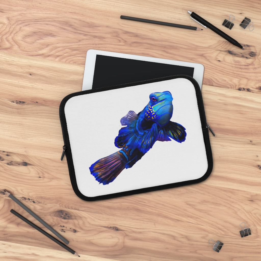 Blue Fish Laptop Sleeve featuring a vibrant fish design and a solid black back, ideal for protecting laptops during travel.