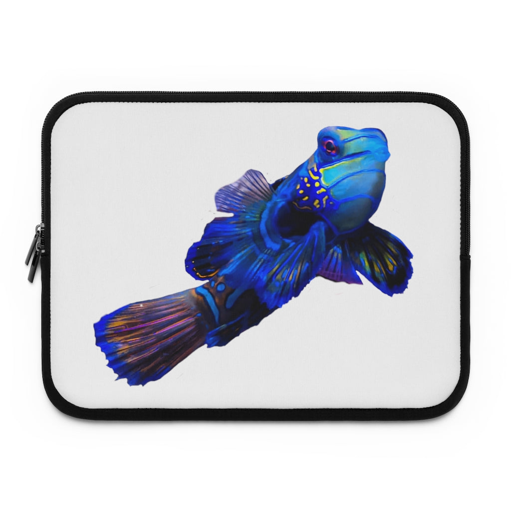 Blue Fish Laptop Sleeve featuring a vibrant fish design and a solid black back, ideal for protecting laptops during travel.