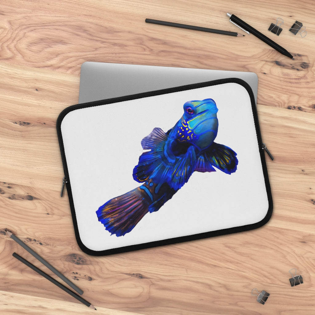 Blue Fish Laptop Sleeve featuring a vibrant fish design and a solid black back, ideal for protecting laptops during travel.