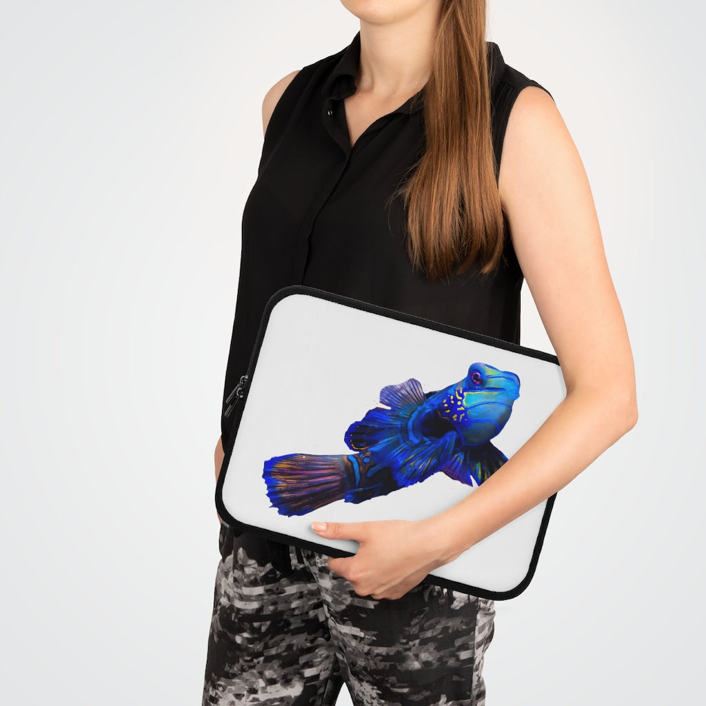 Blue Fish Laptop Sleeve featuring a vibrant fish design and a solid black back, ideal for protecting laptops during travel.