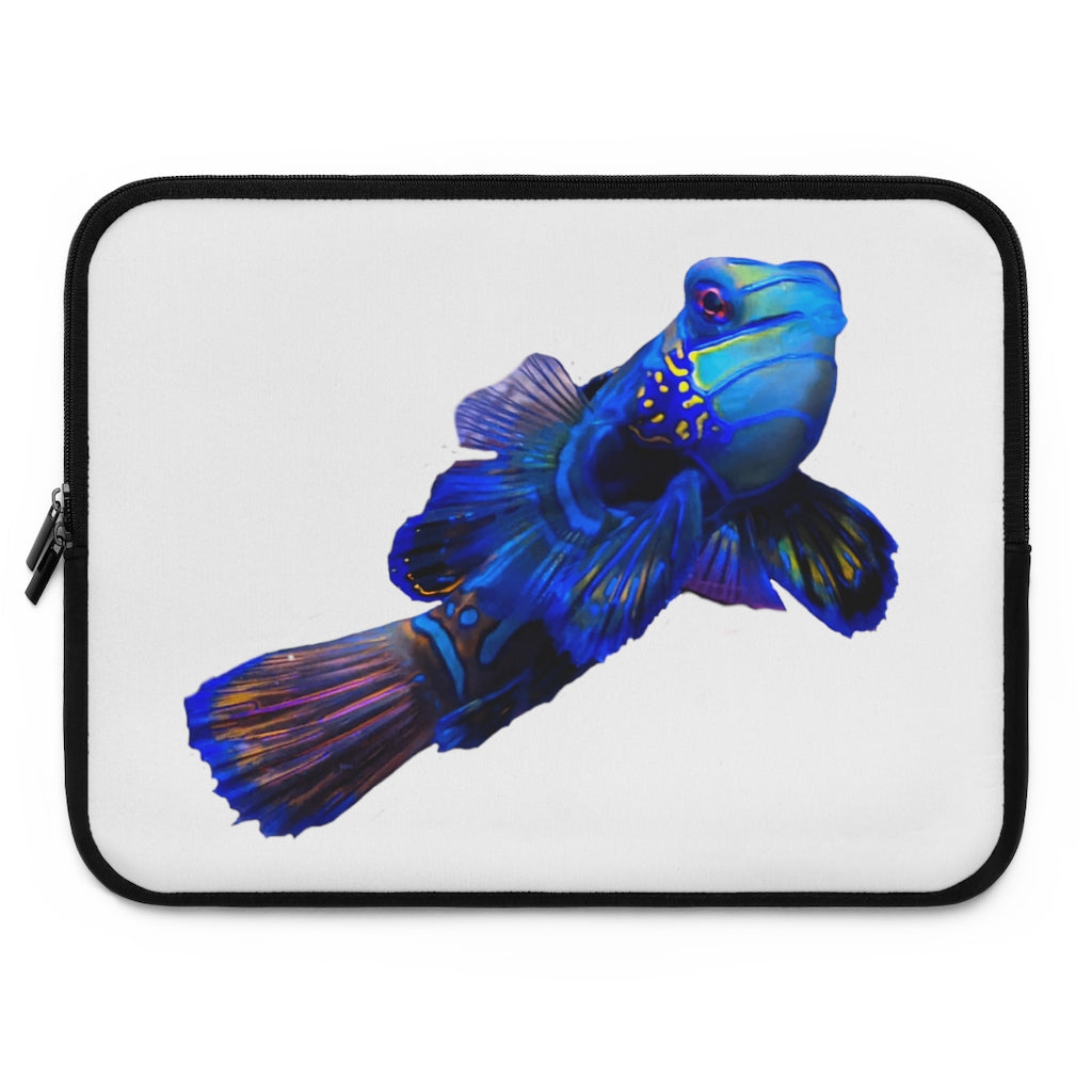 Blue Fish Laptop Sleeve featuring a vibrant fish design and a solid black back, ideal for protecting laptops during travel.