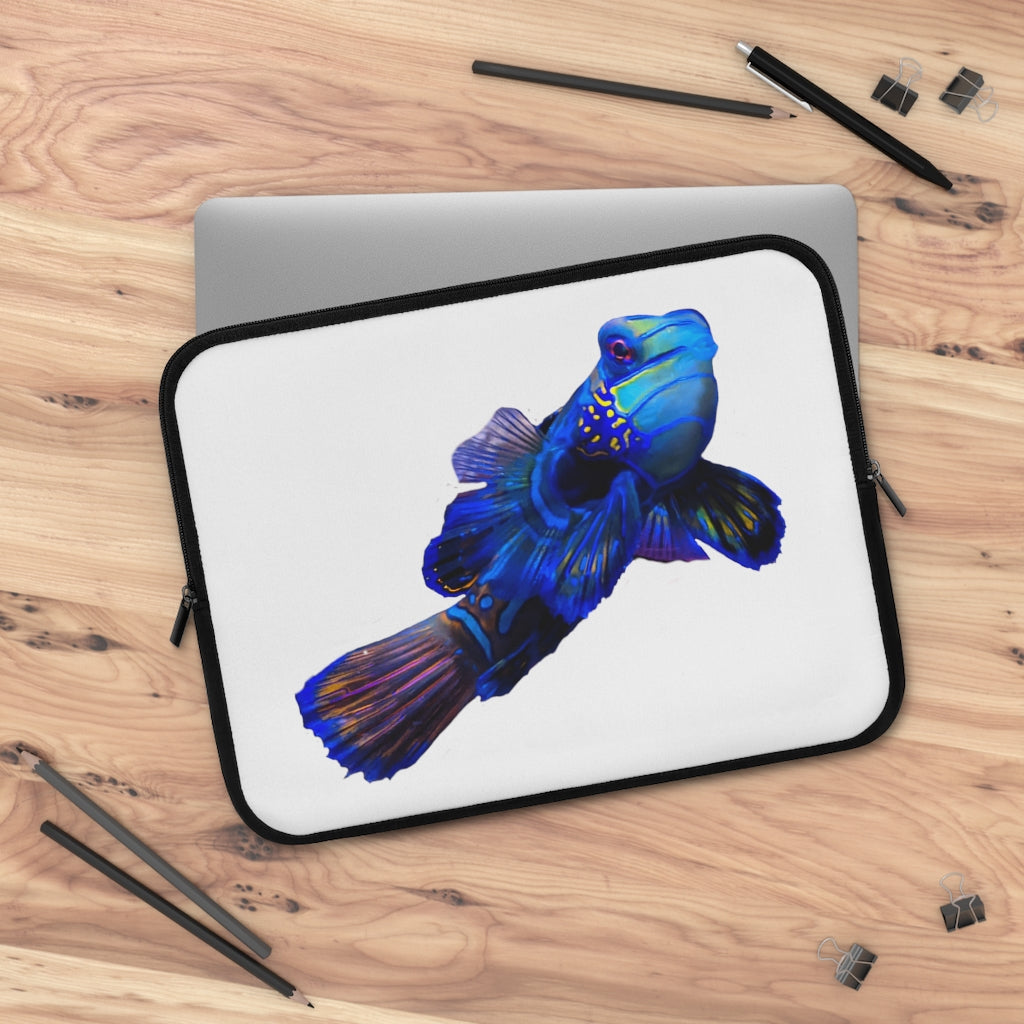 Blue Fish Laptop Sleeve featuring a vibrant fish design and a solid black back, ideal for protecting laptops during travel.