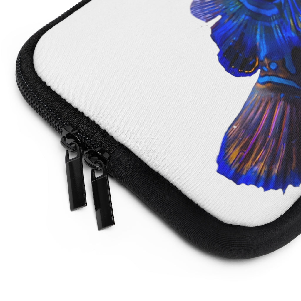 Blue Fish Laptop Sleeve featuring a vibrant fish design and a solid black back, ideal for protecting laptops during travel.