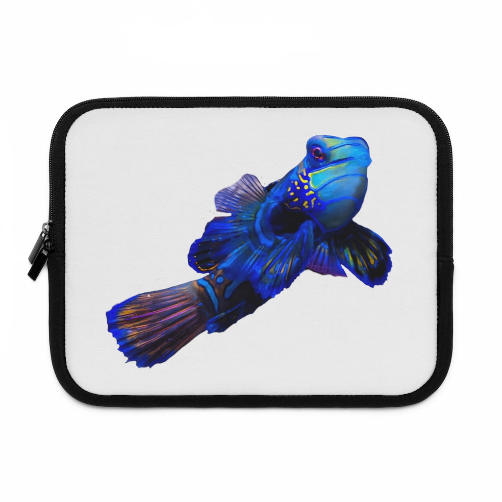 Blue Fish Laptop Sleeve featuring a vibrant fish design and a solid black back, ideal for protecting laptops during travel.