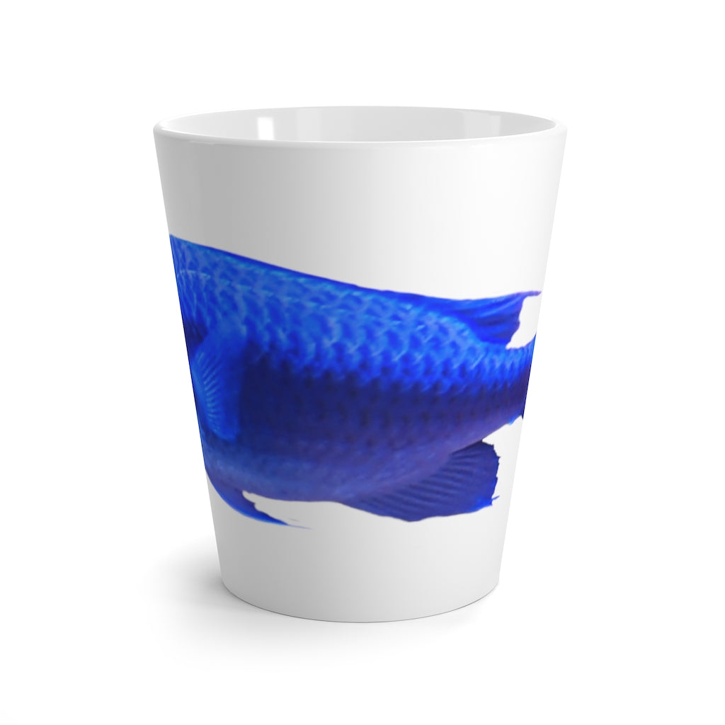 A stylish blue ceramic latte mug featuring a unique fish design, perfect for coffee lovers.