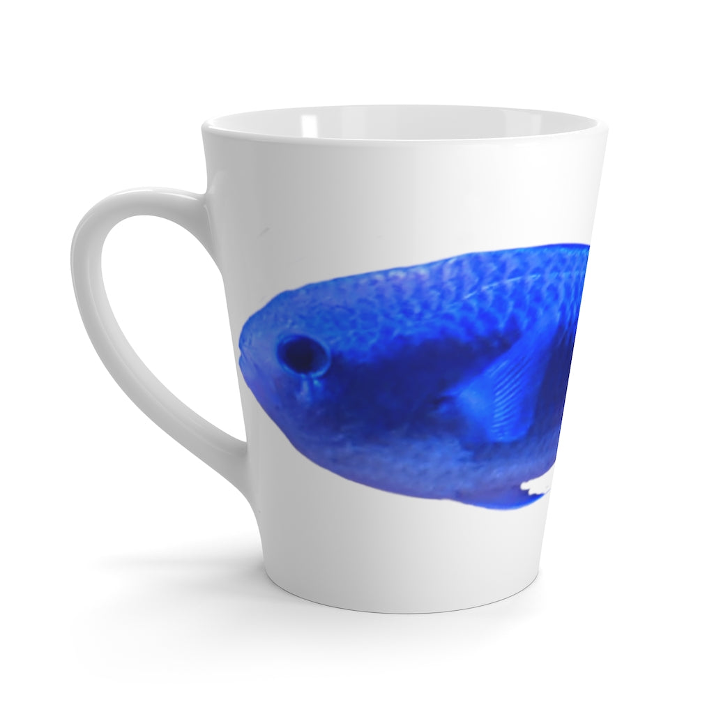 A stylish blue ceramic latte mug featuring a unique fish design, perfect for coffee lovers.