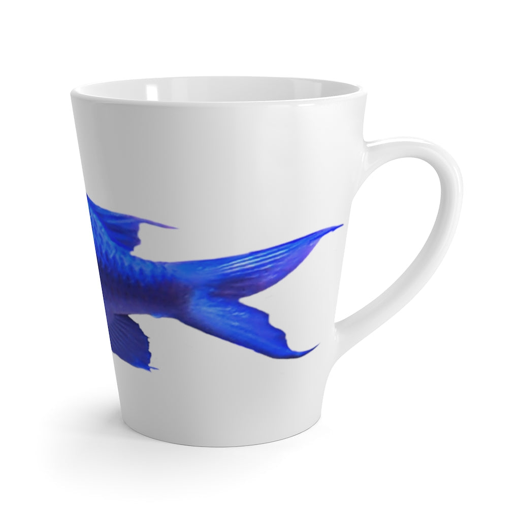 A stylish blue ceramic latte mug featuring a unique fish design, perfect for coffee lovers.