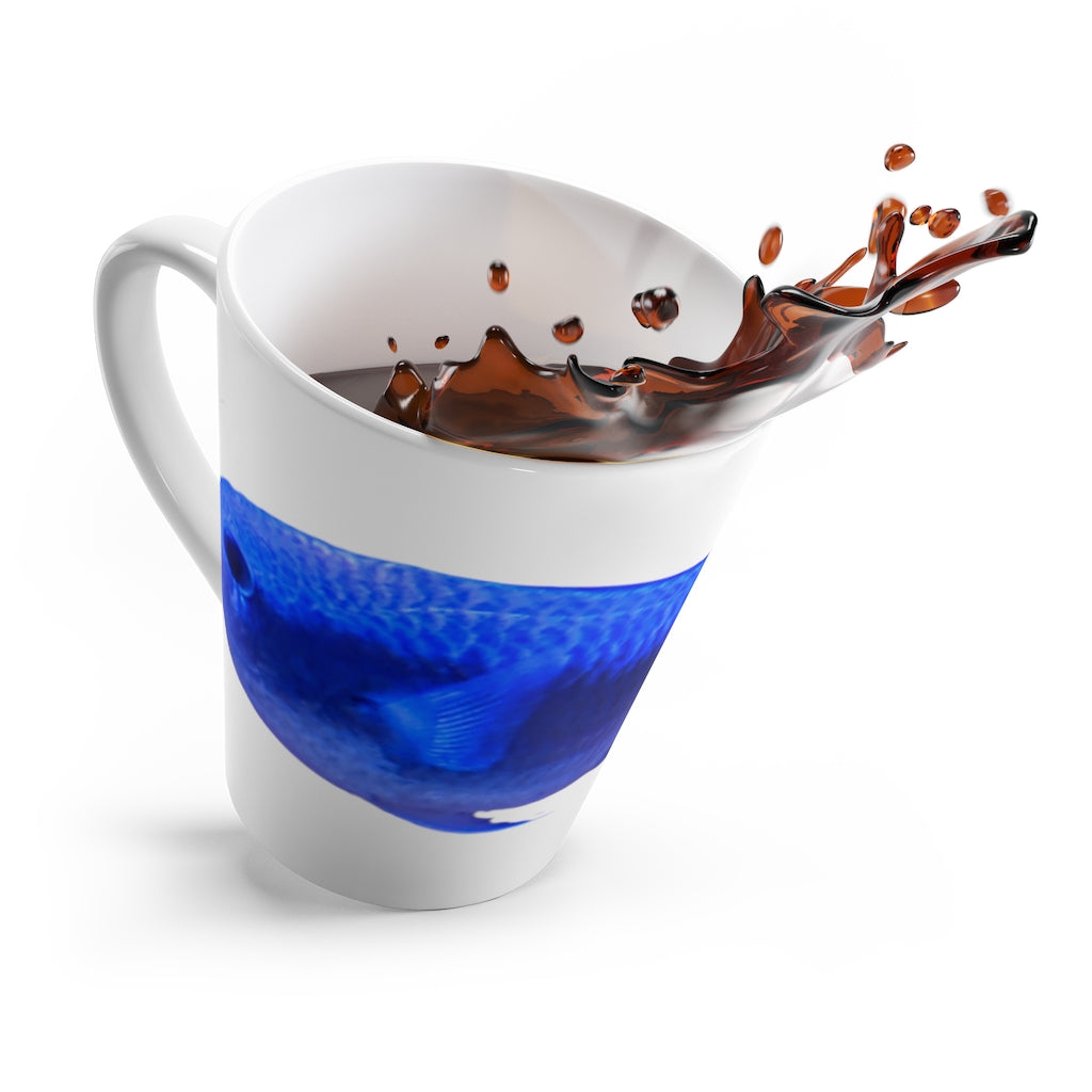 A stylish blue ceramic latte mug featuring a unique fish design, perfect for coffee lovers.