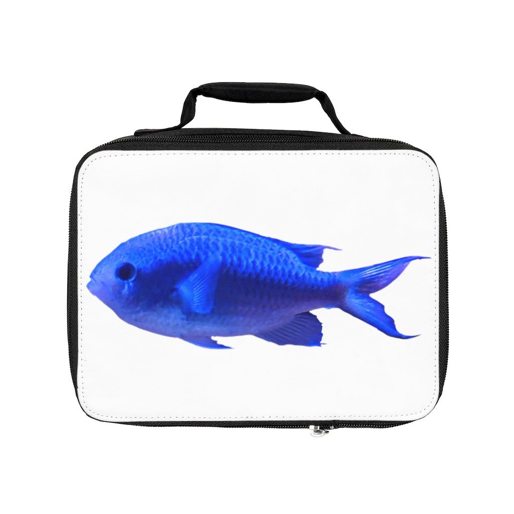 Blue Fish Lunch Bag featuring a black base and customizable white area, ideal for adults and kids.