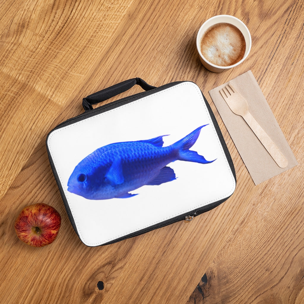 Blue Fish Lunch Bag featuring a black base and customizable white area, ideal for adults and kids.