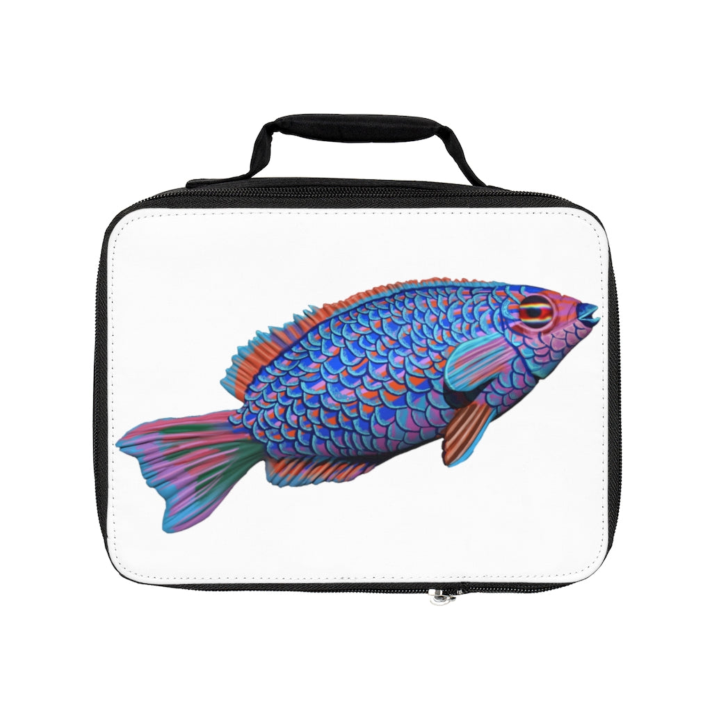 Blue Fish Lunch Bag featuring a black base and customizable white area, designed for adults and kids with a zippered closure and carrying handle.