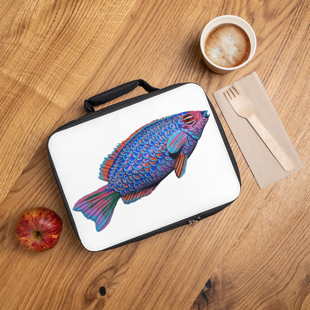 Blue Fish Lunch Bag featuring a black base and customizable white area, designed for adults and kids with a zippered closure and carrying handle.