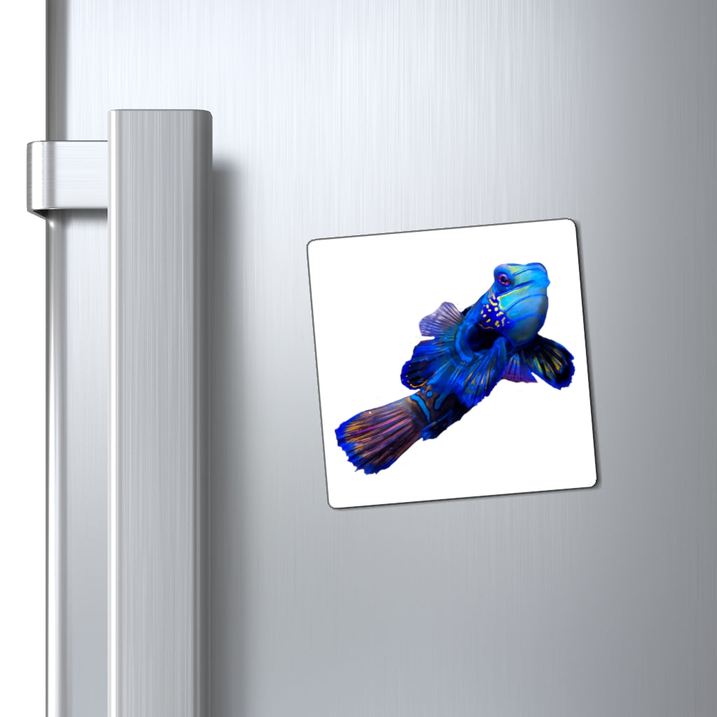 A set of vibrant blue fish magnets with a black backing, showcasing their strong holding power and lightweight design.