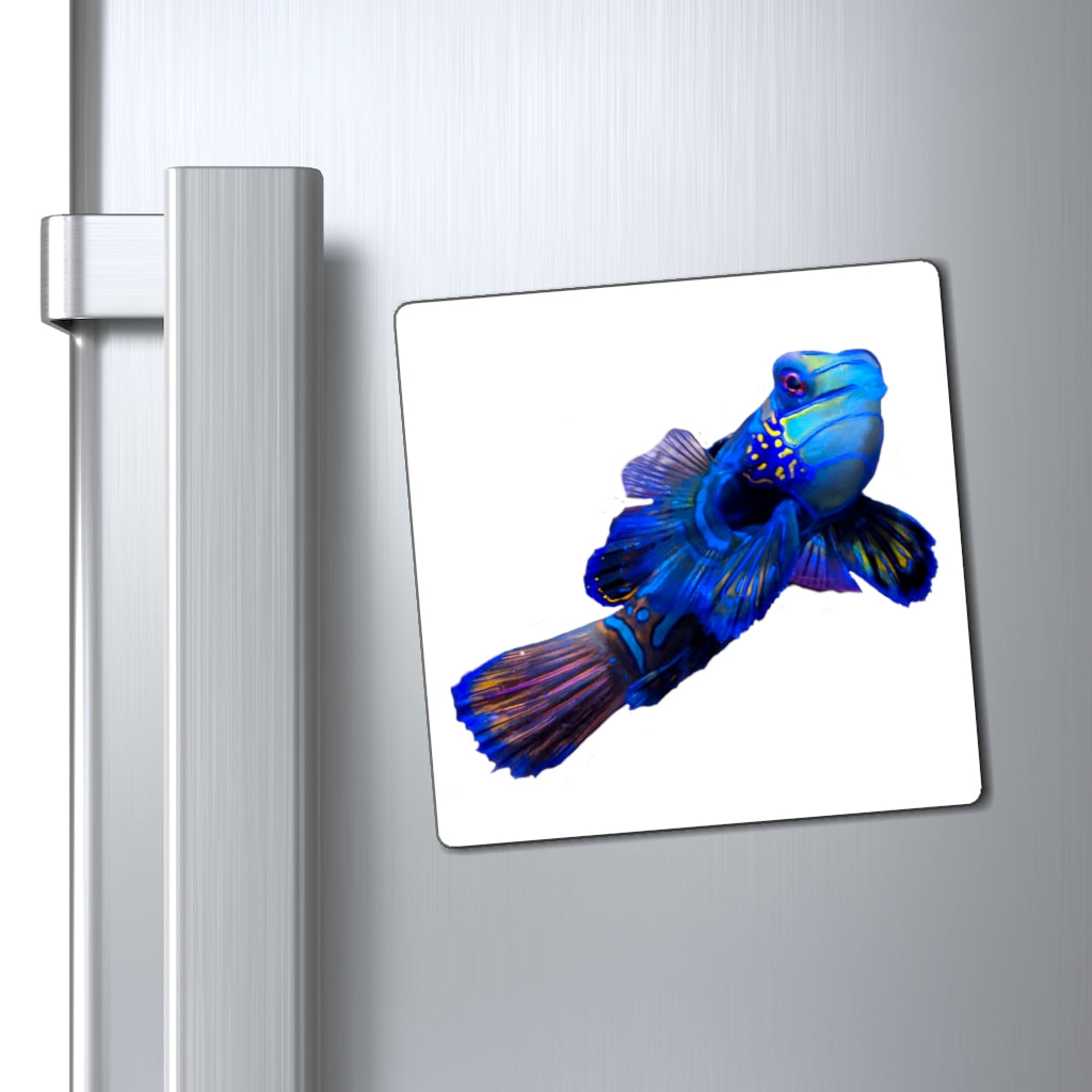 A set of vibrant blue fish magnets with a black backing, showcasing their strong holding power and lightweight design.