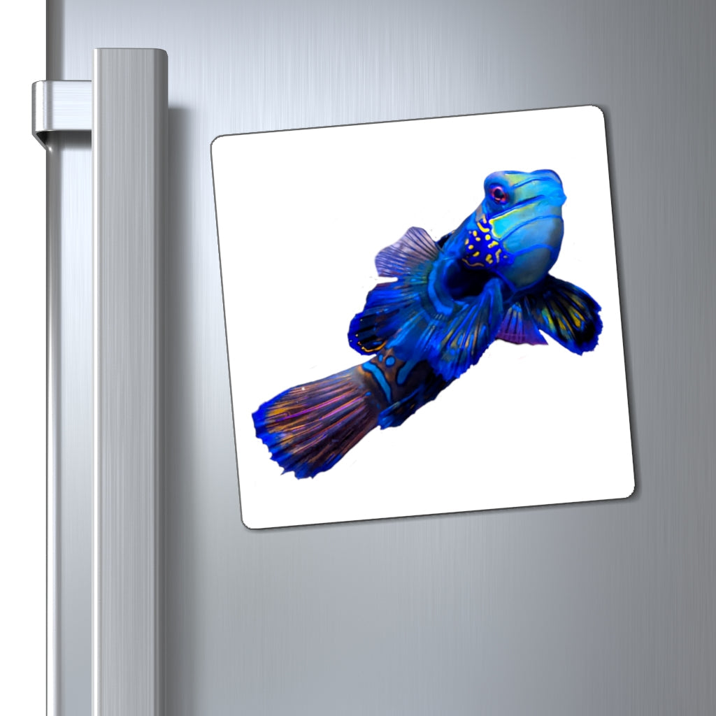 A set of vibrant blue fish magnets with a black backing, showcasing their strong holding power and lightweight design.