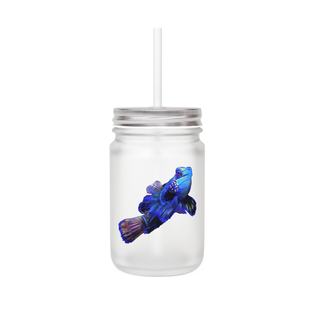 A stylish Blue Fish Mason Jar made of frosted glass, featuring a straw and lid, perfect for personalized drinks.