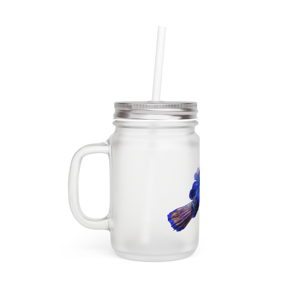 A stylish Blue Fish Mason Jar made of frosted glass, featuring a straw and lid, perfect for personalized drinks.