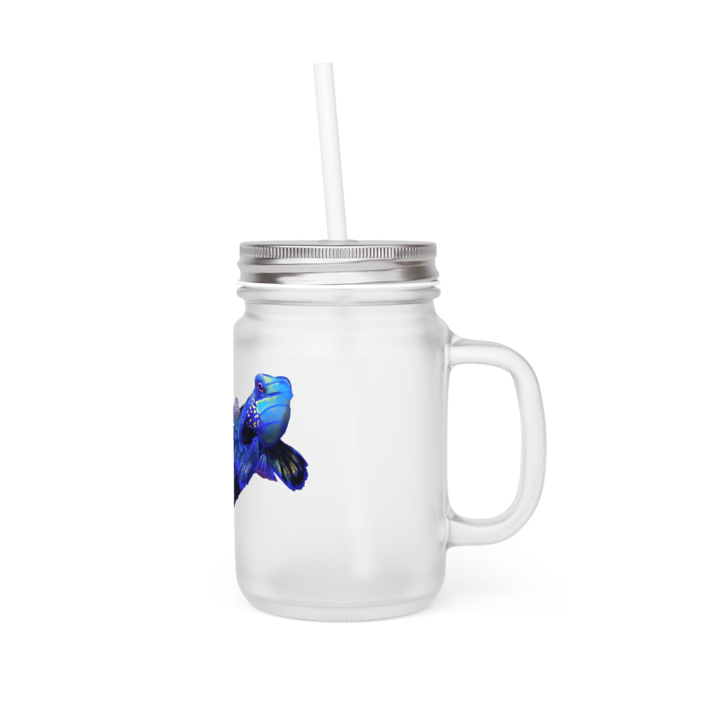 A stylish Blue Fish Mason Jar made of frosted glass, featuring a straw and lid, perfect for personalized drinks.