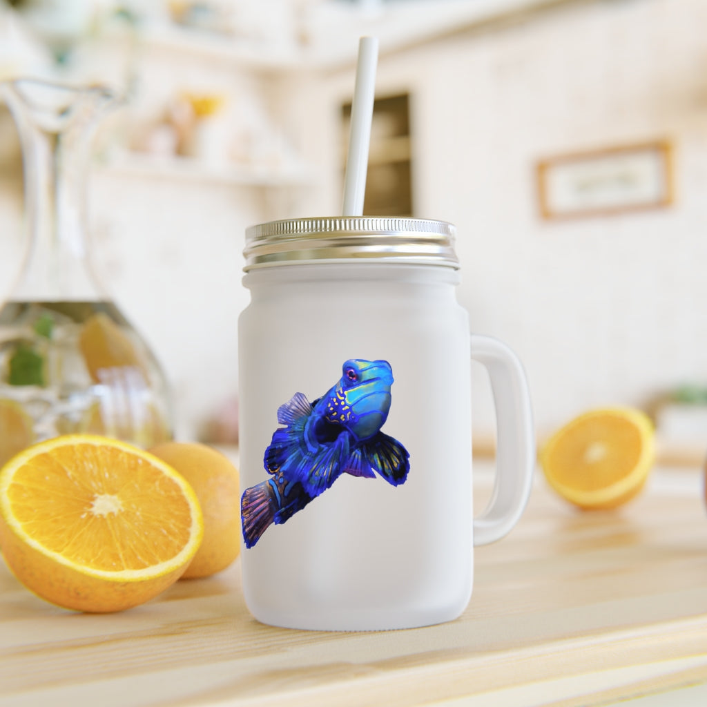 A stylish Blue Fish Mason Jar made of frosted glass, featuring a straw and lid, perfect for personalized drinks.