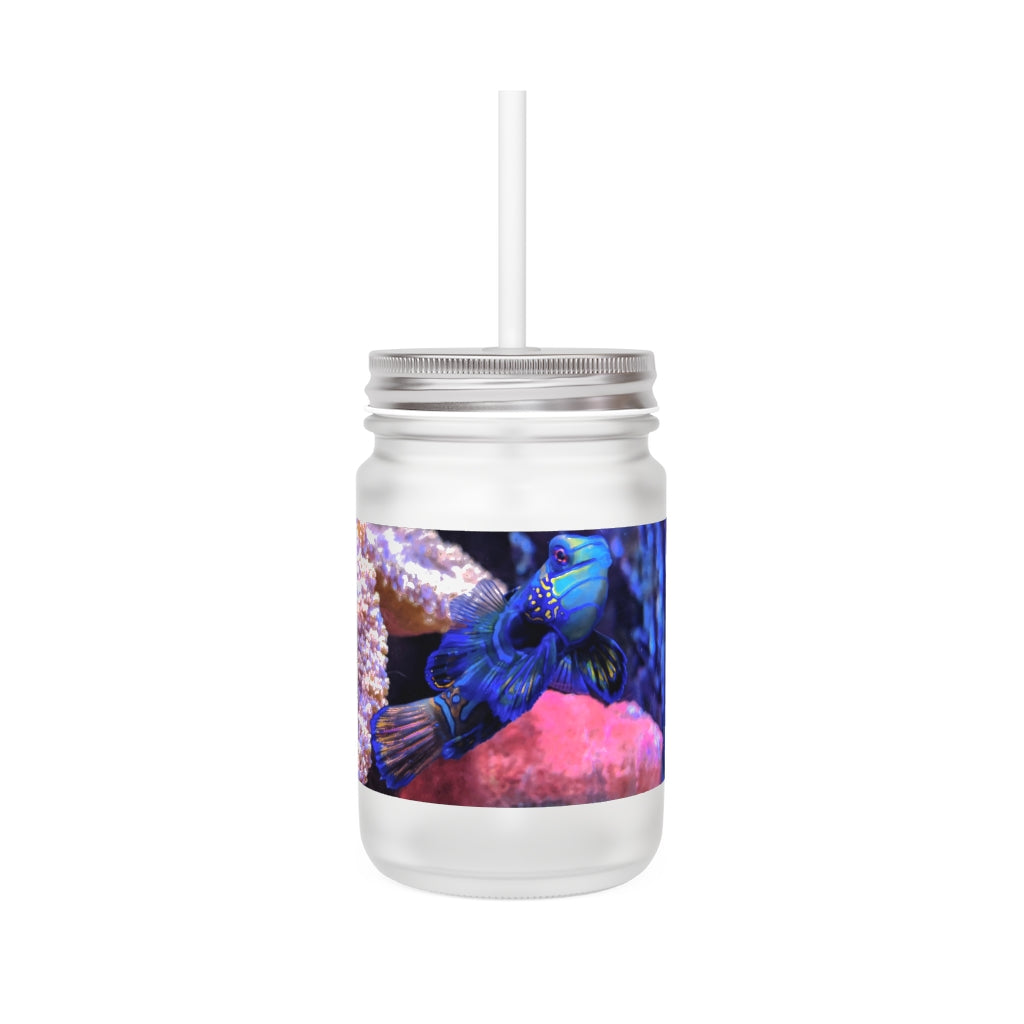 A stylish Blue Fish Mason Jar made of frosted glass, featuring a straw and lid, perfect for personalized drinks.