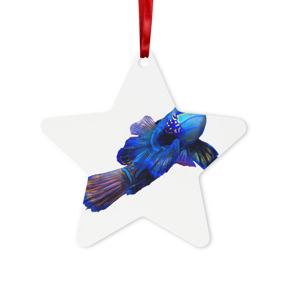 Blue Fish Metal Hanging Ornament in hexagon and star shapes, glossy white finish with red ribbon and gold string.