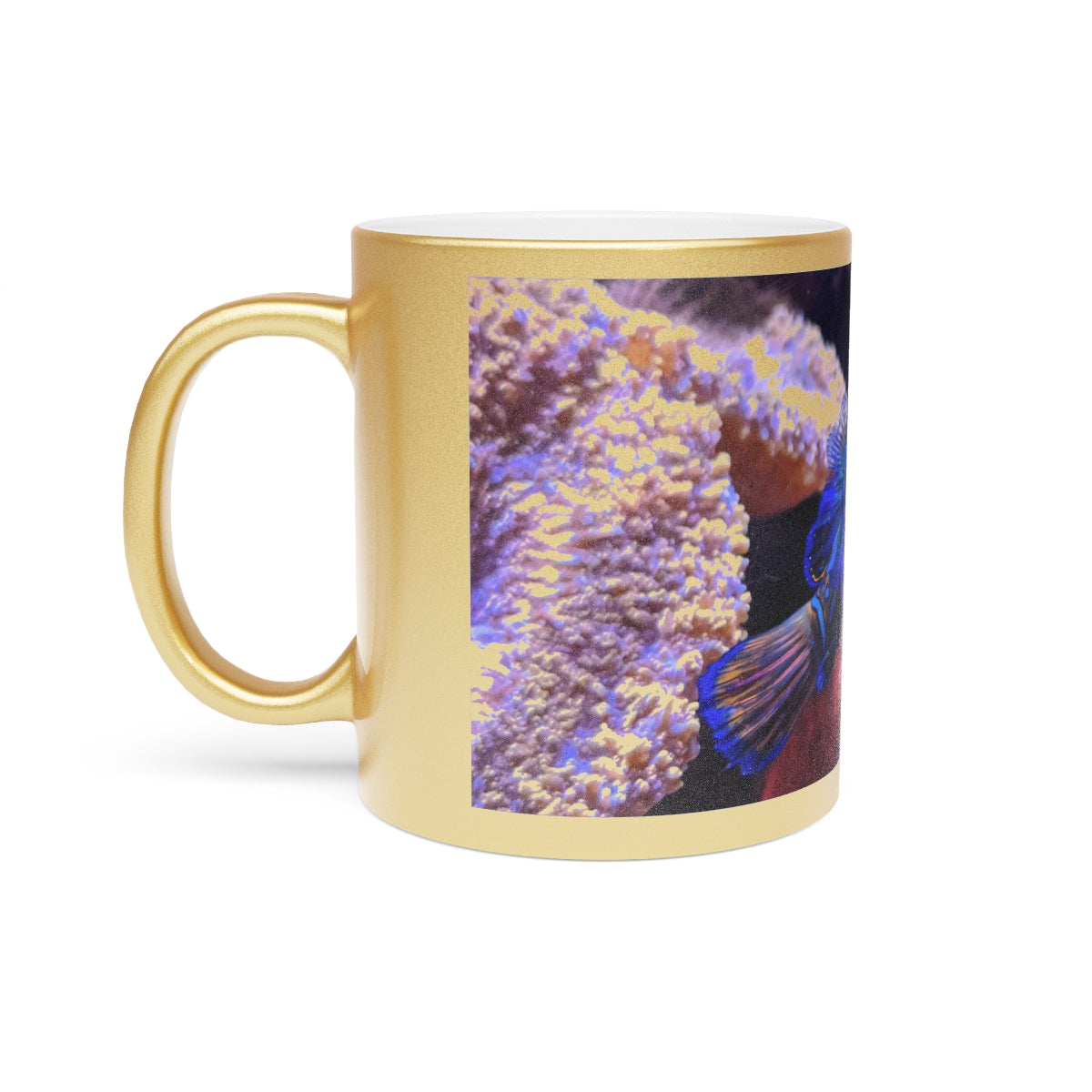 Blue Fish Metallic Mug in Gold and Silver finishes, showcasing personalized designs and a comfortable C-handle.