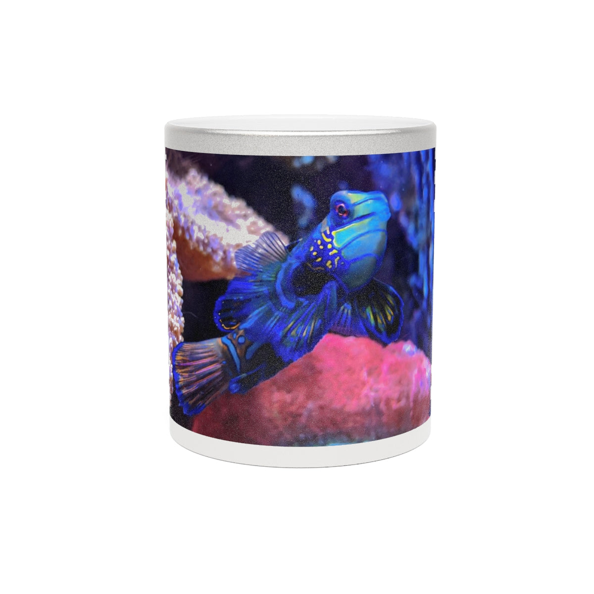 Blue Fish Metallic Mug in Gold and Silver finishes, showcasing personalized designs and a comfortable C-handle.