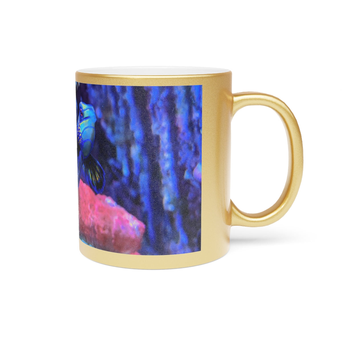 Blue Fish Metallic Mug in Gold and Silver finishes, showcasing personalized designs and a comfortable C-handle.