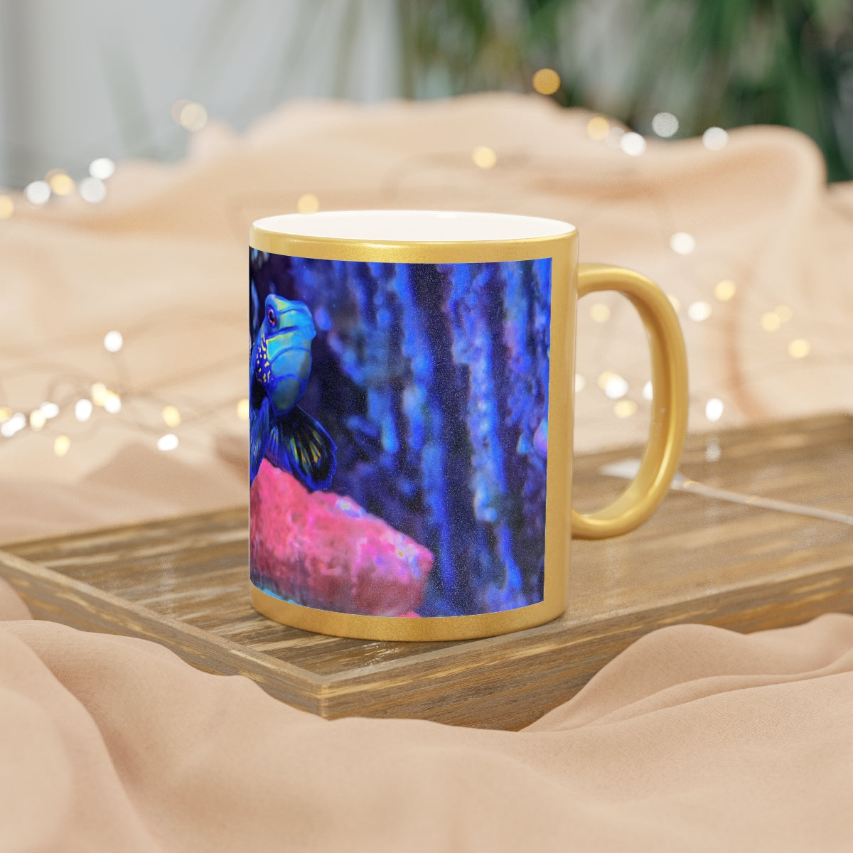 Blue Fish Metallic Mug in Gold and Silver finishes, showcasing personalized designs and a comfortable C-handle.