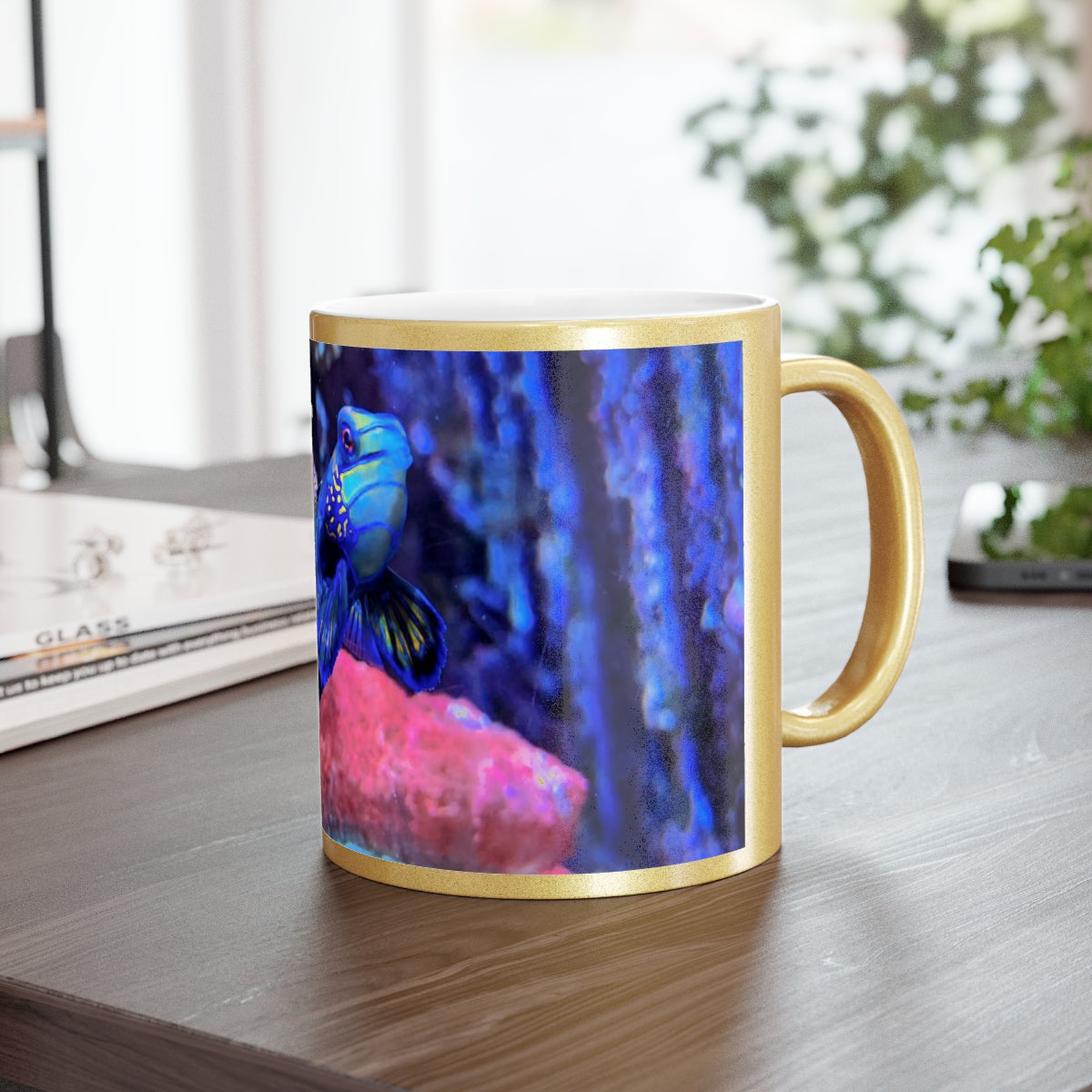 Blue Fish Metallic Mug in Gold and Silver finishes, showcasing personalized designs and a comfortable C-handle.