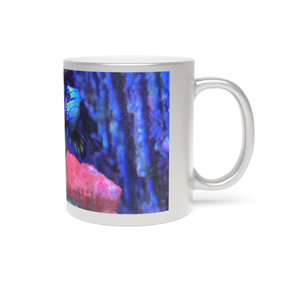 Blue Fish Metallic Mug in Gold and Silver finishes, showcasing personalized designs and a comfortable C-handle.