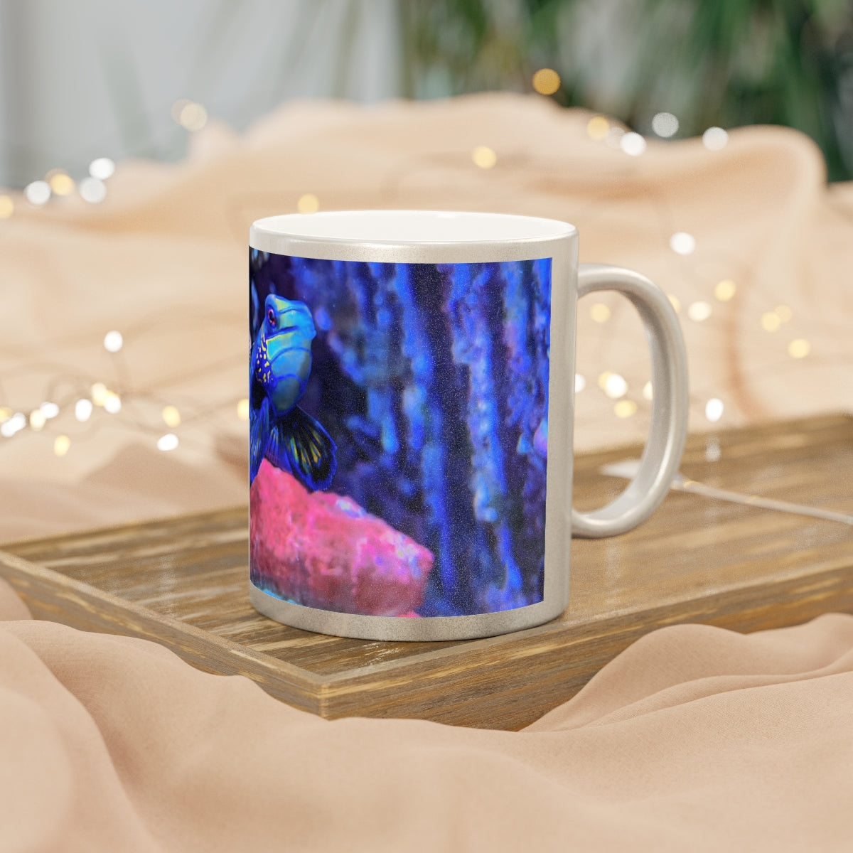 Blue Fish Metallic Mug in Gold and Silver finishes, showcasing personalized designs and a comfortable C-handle.