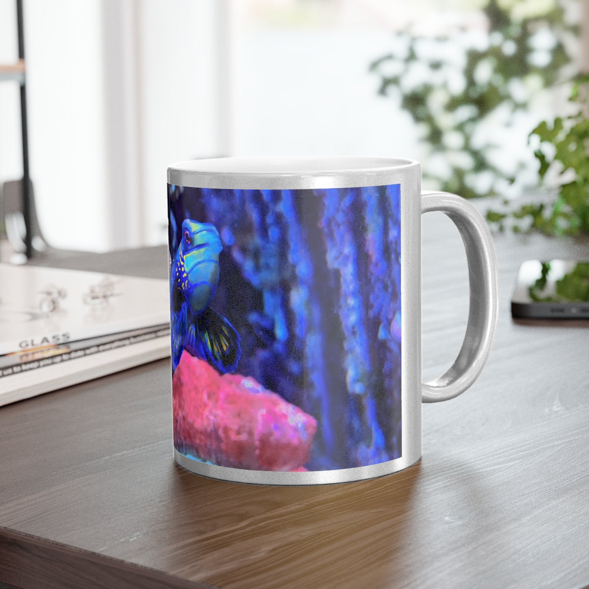 Blue Fish Metallic Mug in Gold and Silver finishes, showcasing personalized designs and a comfortable C-handle.