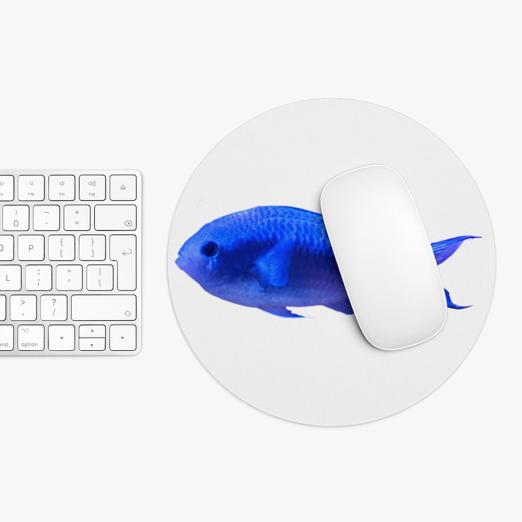 A vibrant Blue Fish Mouse Pad featuring a colorful fish design, available in round and rectangular shapes with a non-slip rubber bottom.