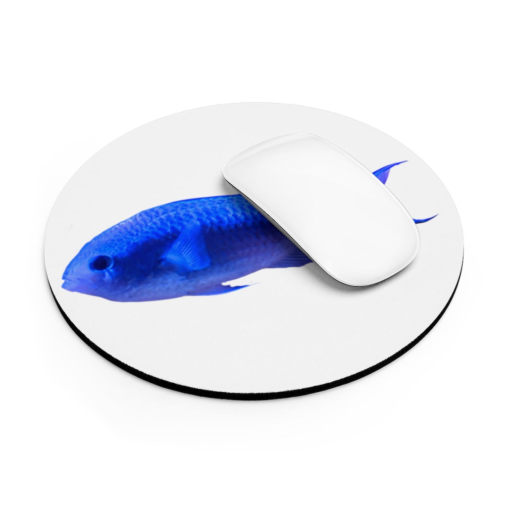 A vibrant Blue Fish Mouse Pad featuring a colorful fish design, available in round and rectangular shapes with a non-slip rubber bottom.