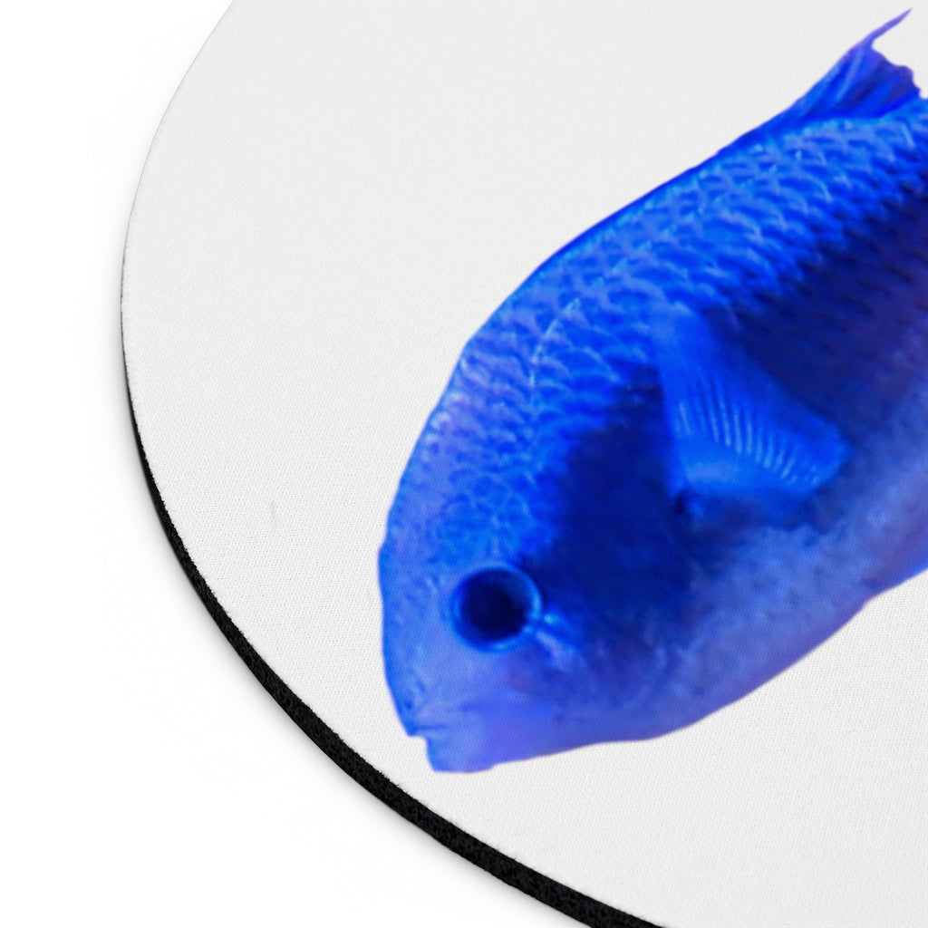 A vibrant Blue Fish Mouse Pad featuring a colorful fish design, available in round and rectangular shapes with a non-slip rubber bottom.