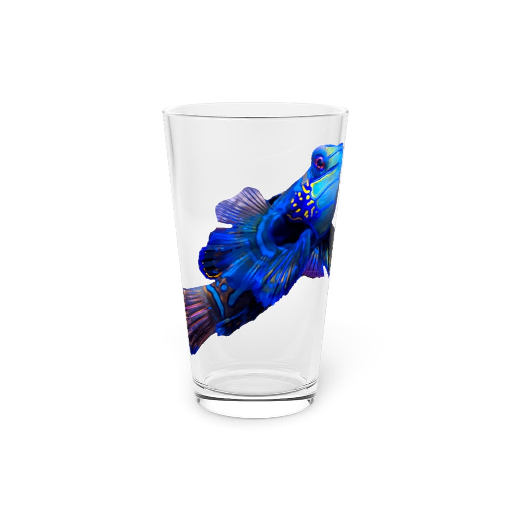 A clear 16oz Blue Fish Pint Glass showcasing its elegant design and customizable features.