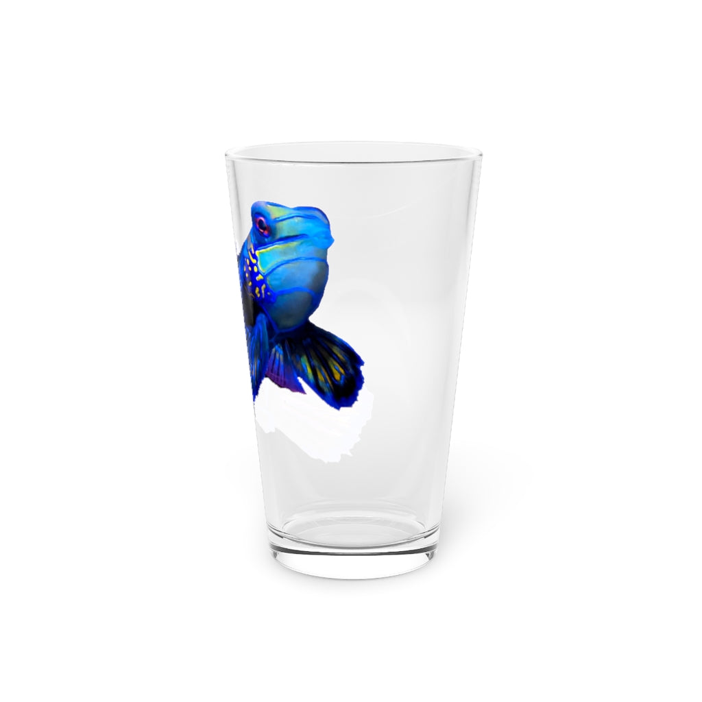 A clear 16oz Blue Fish Pint Glass showcasing its elegant design and customizable features.