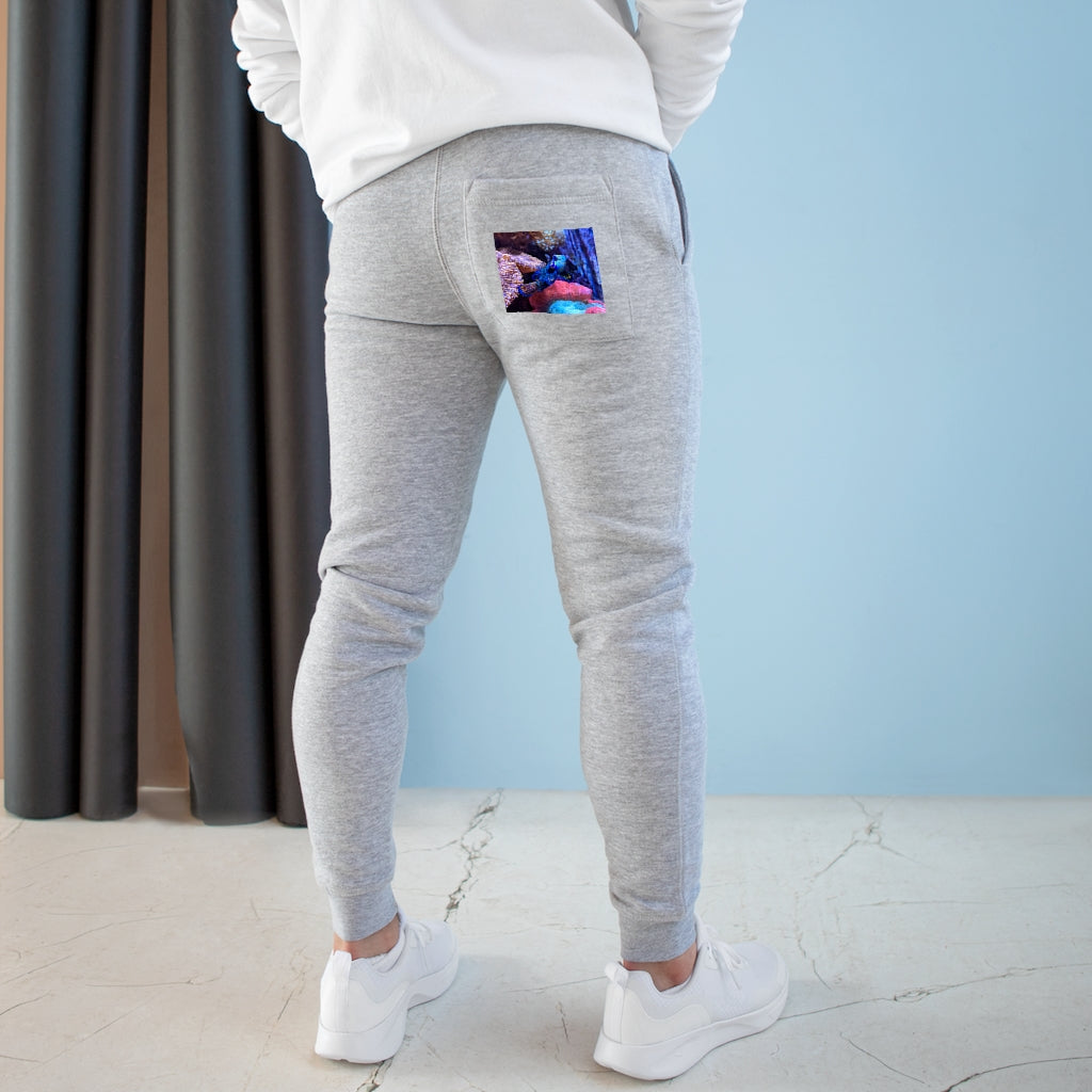 Blue Fish Premium Fleece Joggers featuring a customizable back pocket and two side pockets, made from soft fleece fabric.