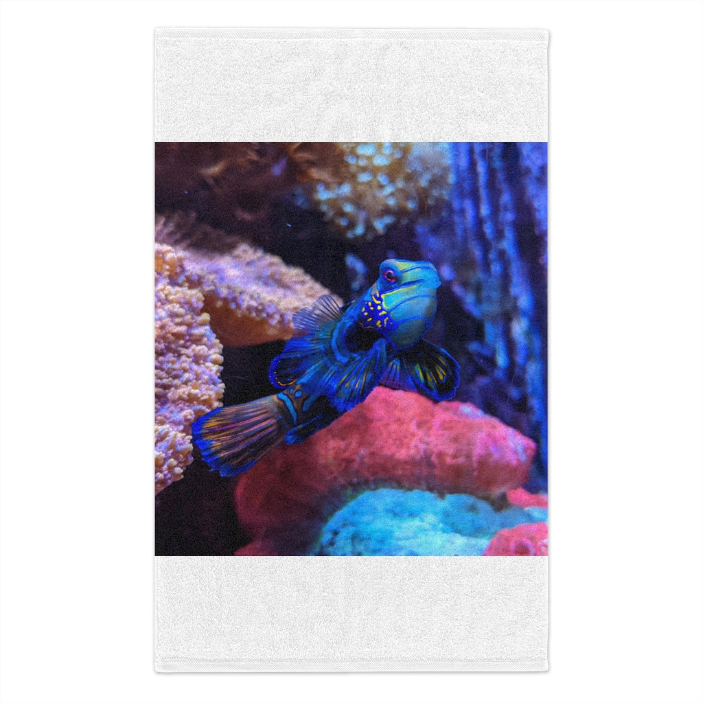 Blue Fish Rally Towel measuring 11x18 inches, featuring soft cotton and printed mink polyester for absorbency and style.