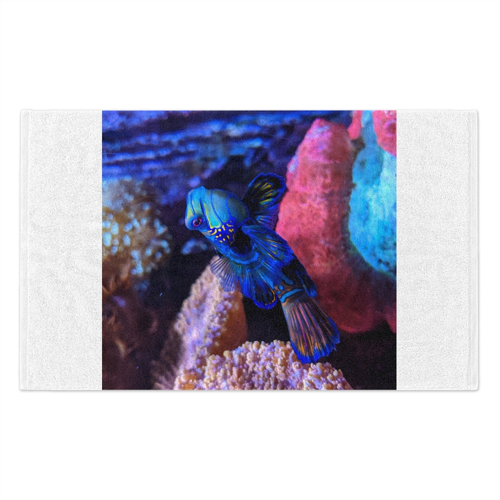 Blue Fish Rally Towel measuring 11x18 inches, featuring soft cotton and printed mink polyester for absorbency and style.