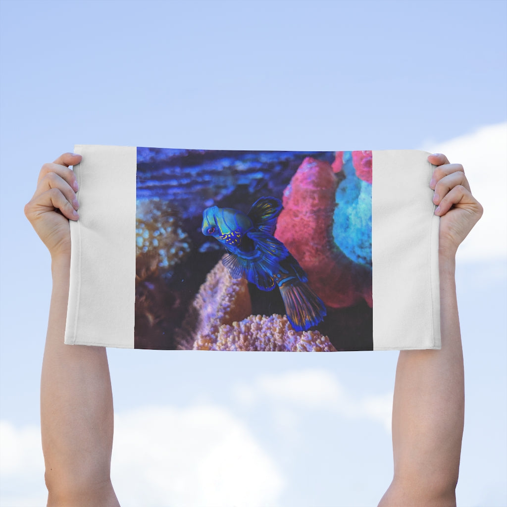 Blue Fish Rally Towel measuring 11x18 inches, featuring soft cotton and printed mink polyester for absorbency and style.