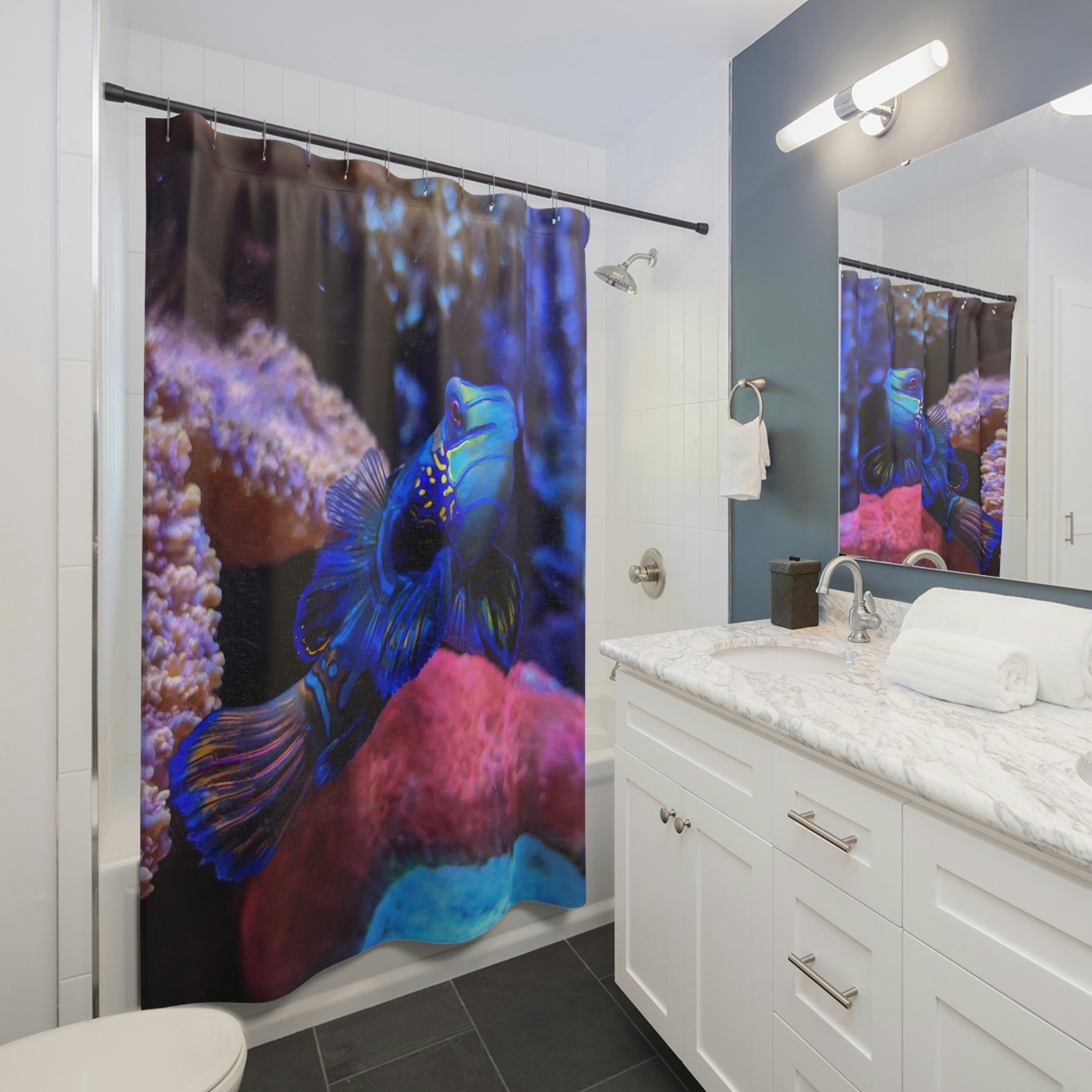 Blue Fish Shower Curtain featuring vibrant aquatic designs on durable polyester fabric, perfect for bathroom decor.