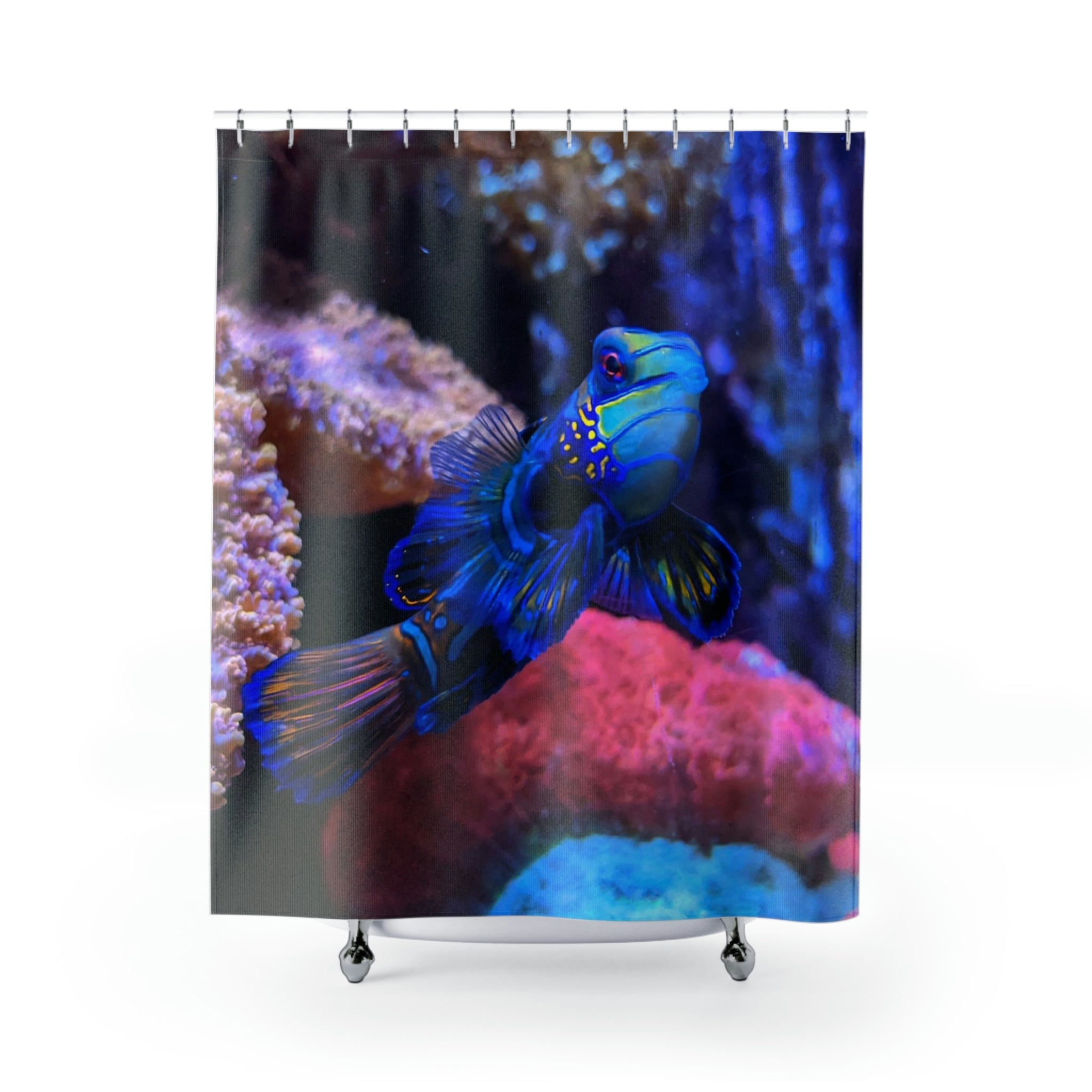 Blue Fish Shower Curtain featuring vibrant aquatic designs on durable polyester fabric, perfect for bathroom decor.