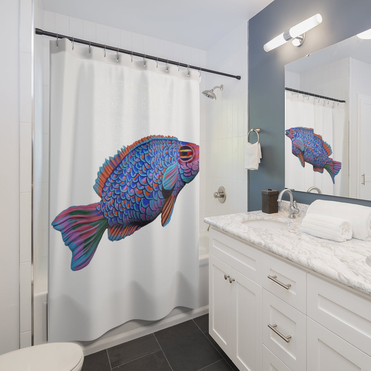 A vibrant blue fish shower curtain featuring a colorful aquatic design, made from durable polyester, perfect for enhancing bathroom decor.