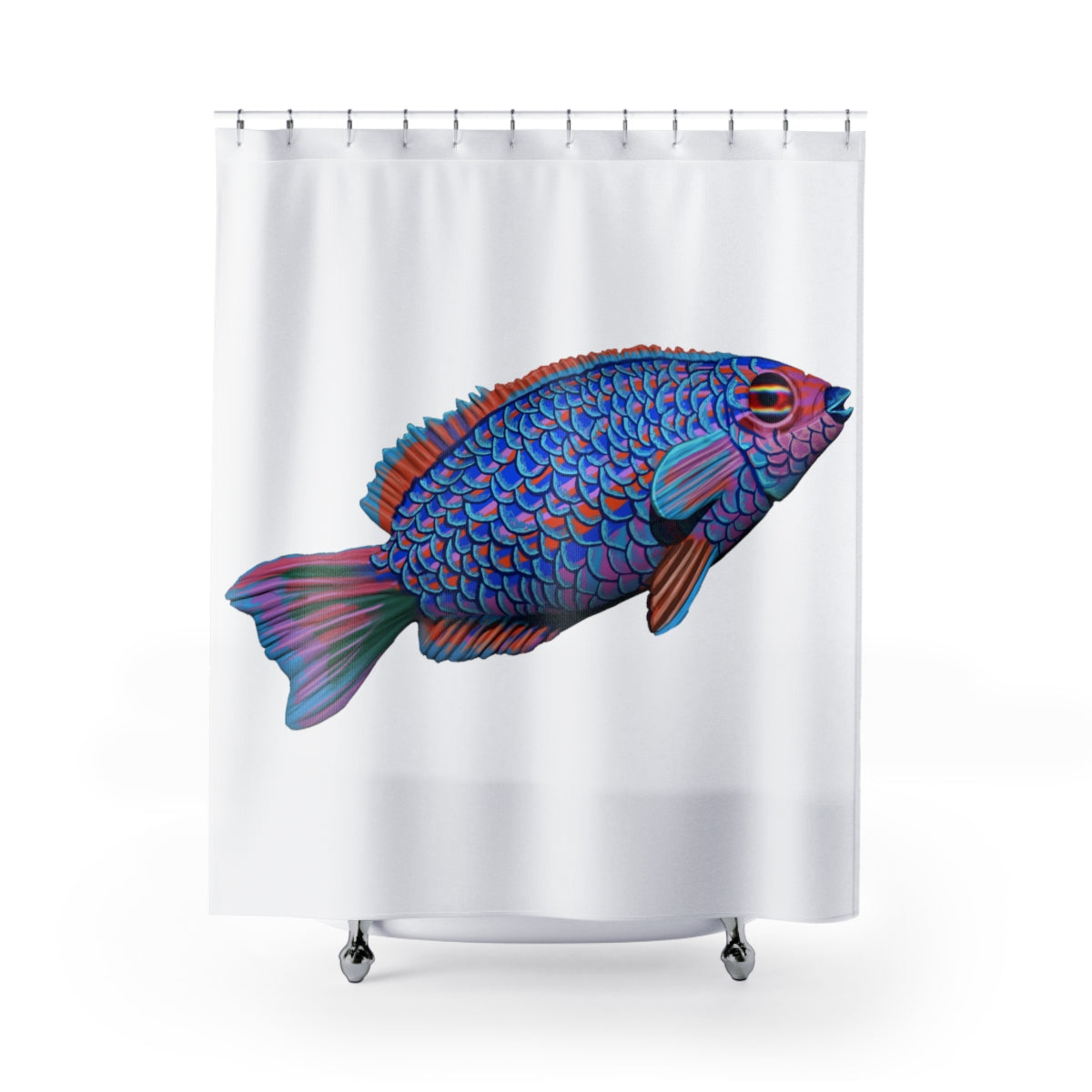 A vibrant blue fish shower curtain featuring a colorful aquatic design, made from durable polyester, perfect for enhancing bathroom decor.