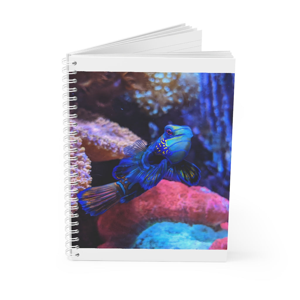 Blue Fish Spiral Notebook with customizable covers and wide-ruled pages, featuring a semi-gloss laminated finish.