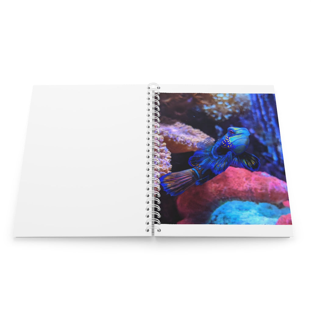 Blue Fish Spiral Notebook with customizable covers and wide-ruled pages, featuring a semi-gloss laminated finish.