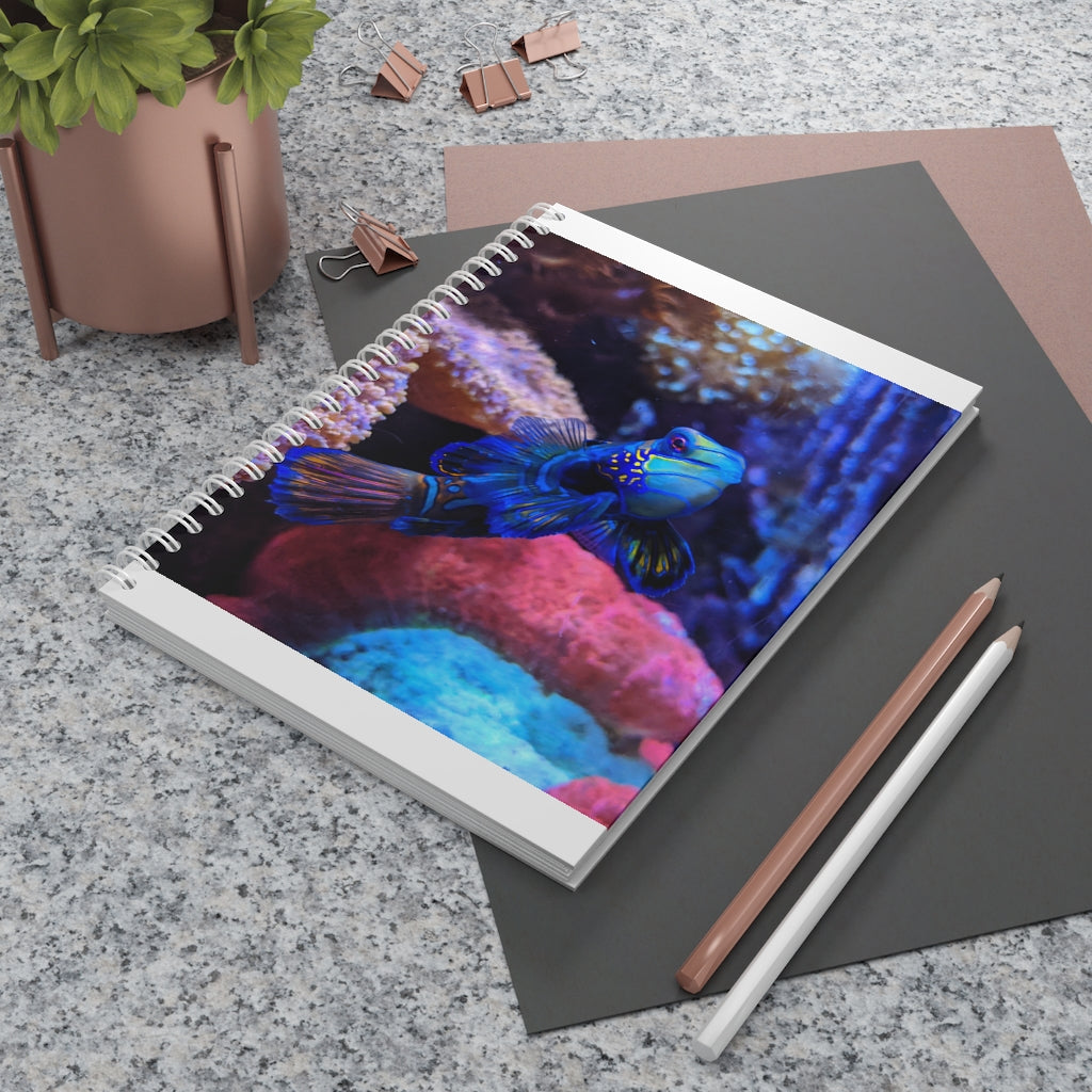 Blue Fish Spiral Notebook with customizable covers and wide-ruled pages, featuring a semi-gloss laminated finish.